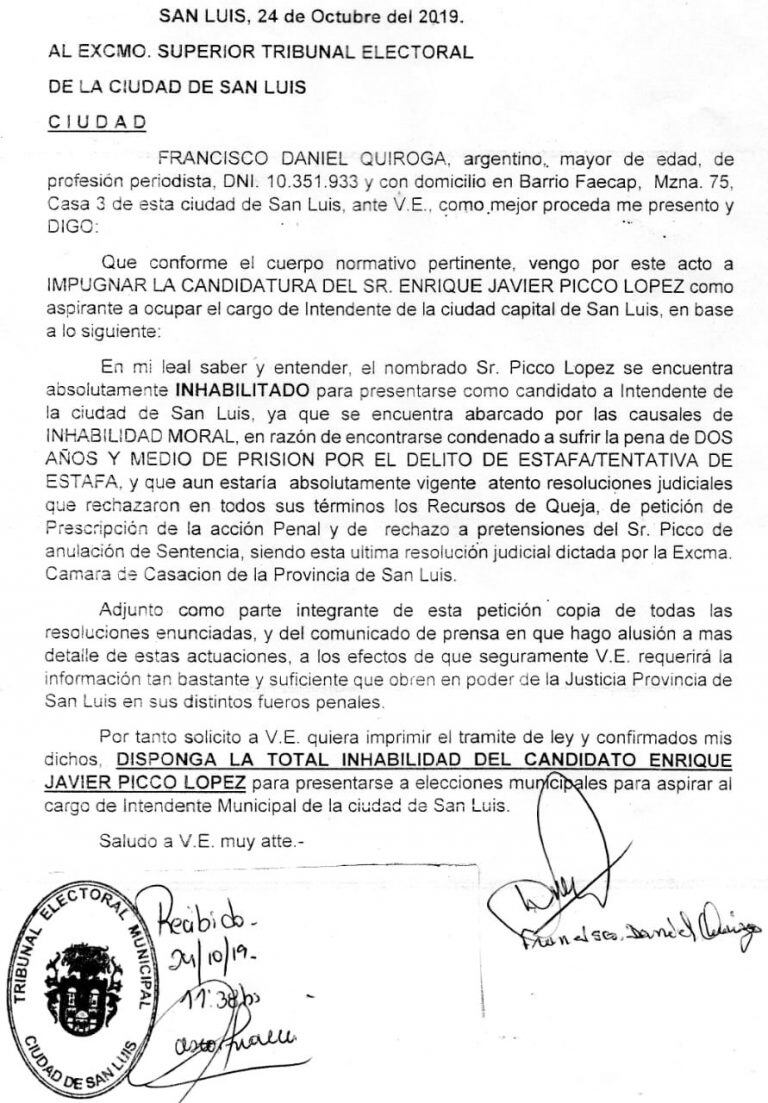 Denuncia contra Enrique Picco.