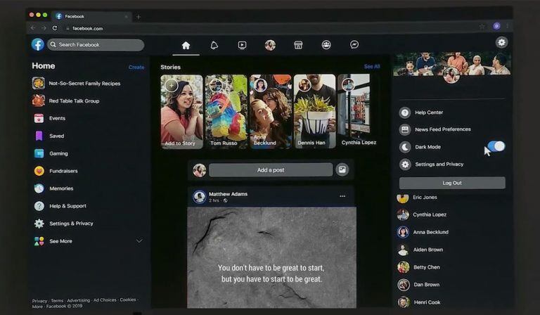 El nuevo diseño de facebook incluye el modo oscuro.