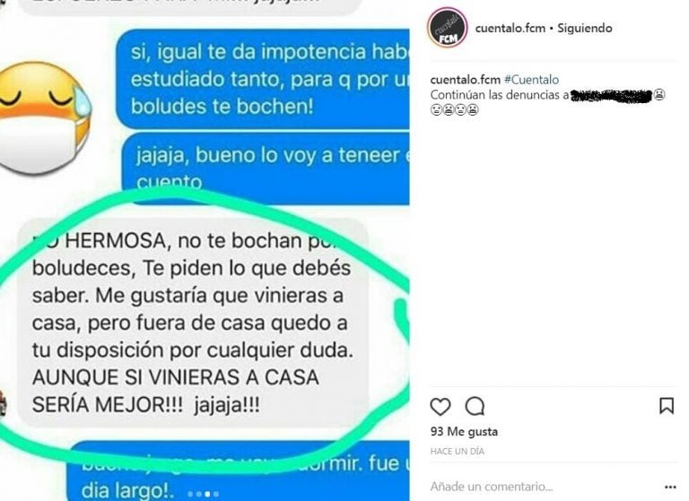 Desde le perfil de Instagram creado para tal fin, siguen apareciendo denuncias contra docentes. (Instagram @cuentalofcm)