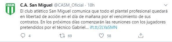 El mensaje de San Miguel en redes sociales. (Twitter)