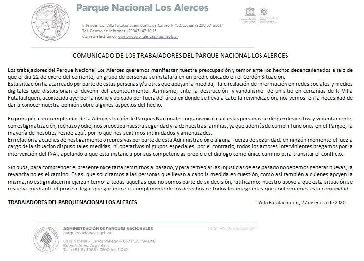 Comunicado de los trabajadores del Parque Nacional Los Alerces.