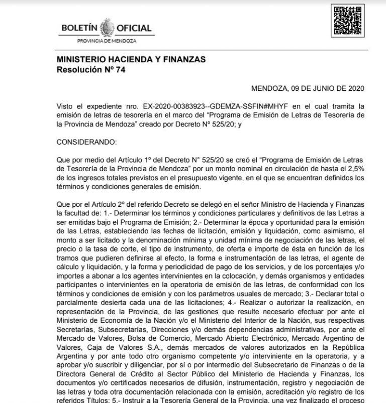 Resolución 74, publicada este miércoles en el Boletín Oficial.