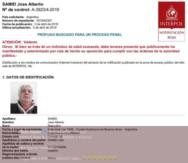 El alerta roja emitido por Interpol