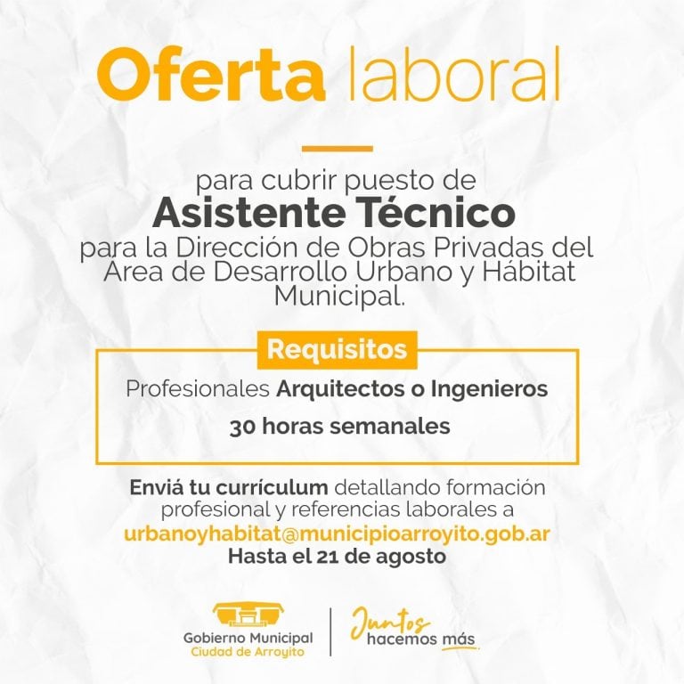 Oferta laboral para Arquitectos e Ingenieros en Arroyito