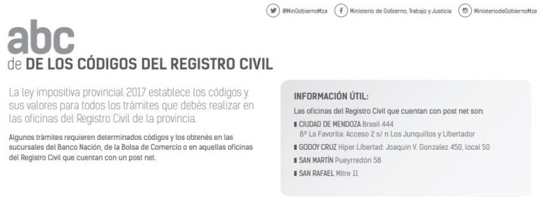 Información de los códigos del Rregistro Civil.