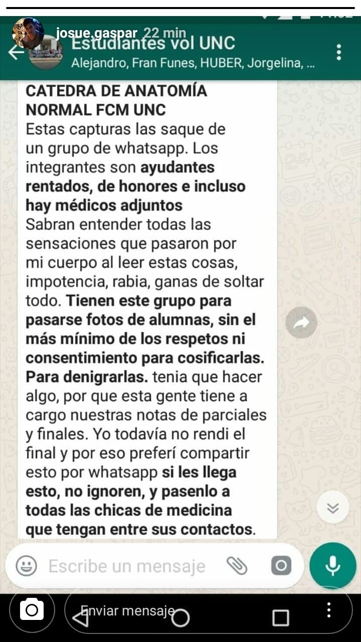 Chats y denuncias por violencia de género en la Facultad de Medicina de la Universidad Nacional de Córdoba.