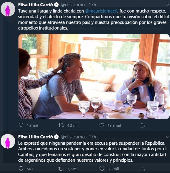 Macri y Carrió se mostraron preocupados por los "atropellos institucionales" (Foto: Twitter)