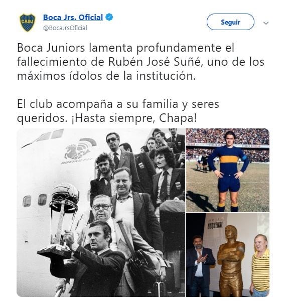 El mensaje de Boca Juniors por el fallecimiento de Rubén 'Chapa' Suñé. (Foto: Twitter/BocaJrsOficial)