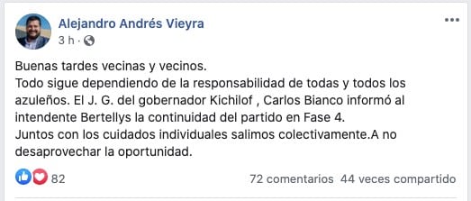 El posteo de Alejandro Vieyra en Facebook.