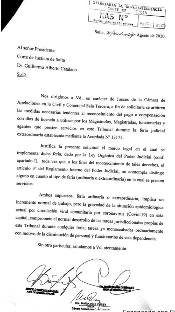 La nota enviada por los jueces de la Cámara Civil y Comercial Salta III. (Twitter)