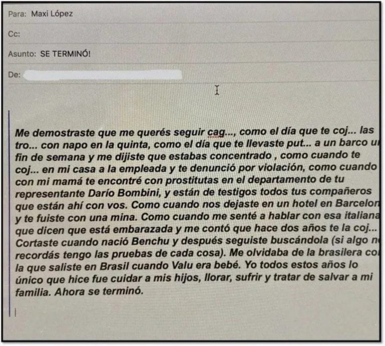 El mail que se filtró donde Wanda Nara revela las infidelidades de Maxi López.