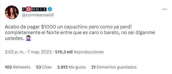 Connie Ansaldi cuestionó el precio de un capuchino