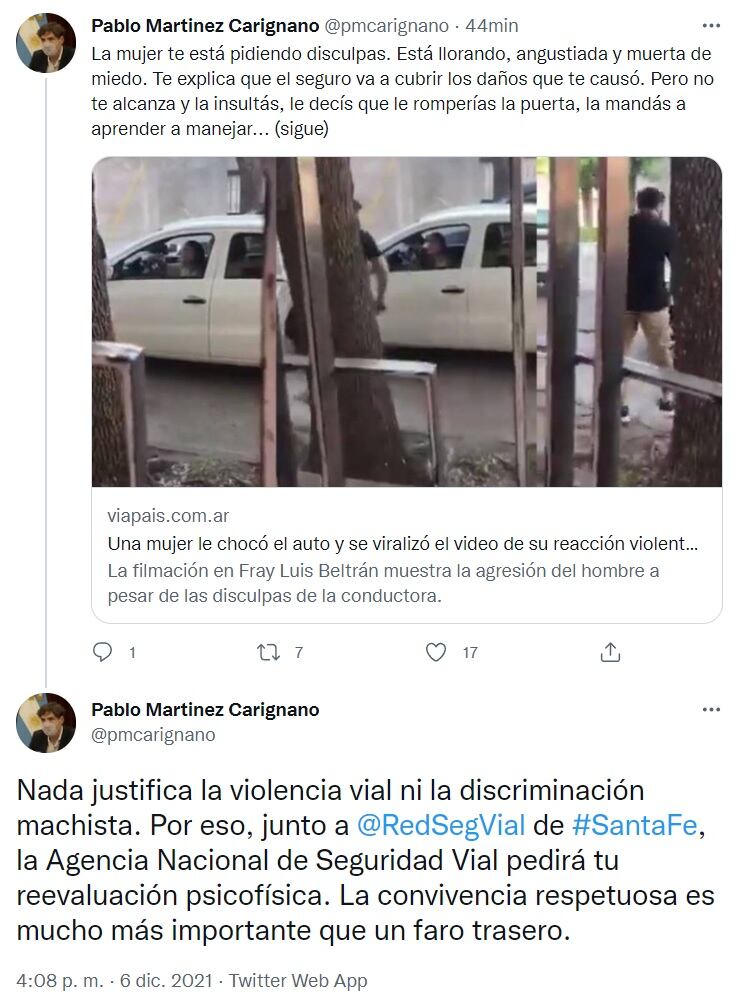 El director de la ANSV repudió la reacción del conductor al que filmaron en Fray Luis Beltrán.