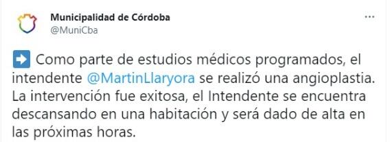 El comunicado anunciando la operación de Martin Llaryora.