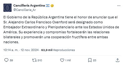 El anuncio que realizó la Cancillería sobre el nuevo Embajador.