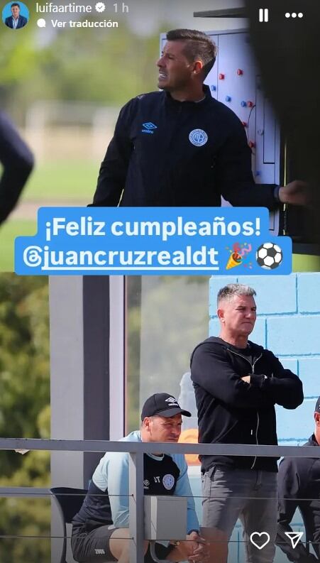 Captura de pantalla de Artime saludando a Juan Cruz Real, DT de Belgrano en su cumpleaños