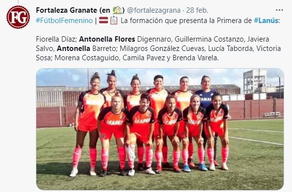 Formación del equipo de Lanús, con Antonella Flores como titular.