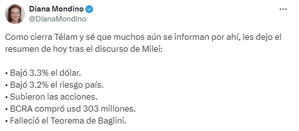 El irónico posteo de Diana Mondino tras el cierre de Télam.