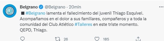 El mensaje de Belgrano por la muerte del juvenil de Talleres.