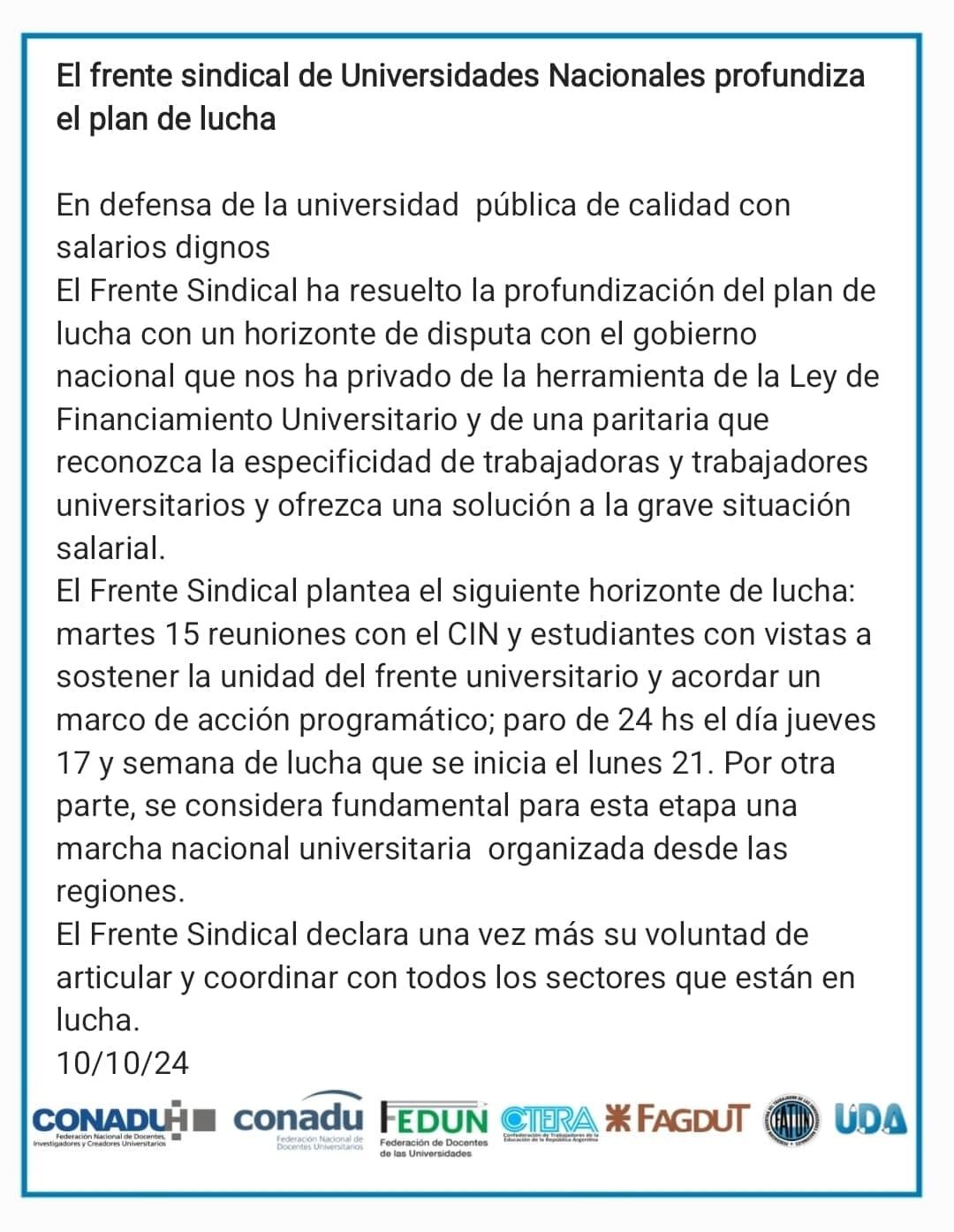 Comunicado del Frente Sindical anunciando los paros del 17 y 21.