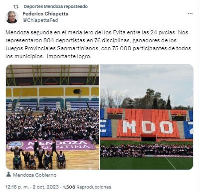 El Secretario de Deportes Federico Chiapetta reconoció en sus redes sociales, el gran logro de los mendocinos en los Juegos Evita.