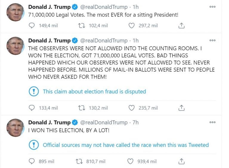 Los tweets de Donald Trump tras que Joe Biden ganara las elecciones (Captura Twitter)