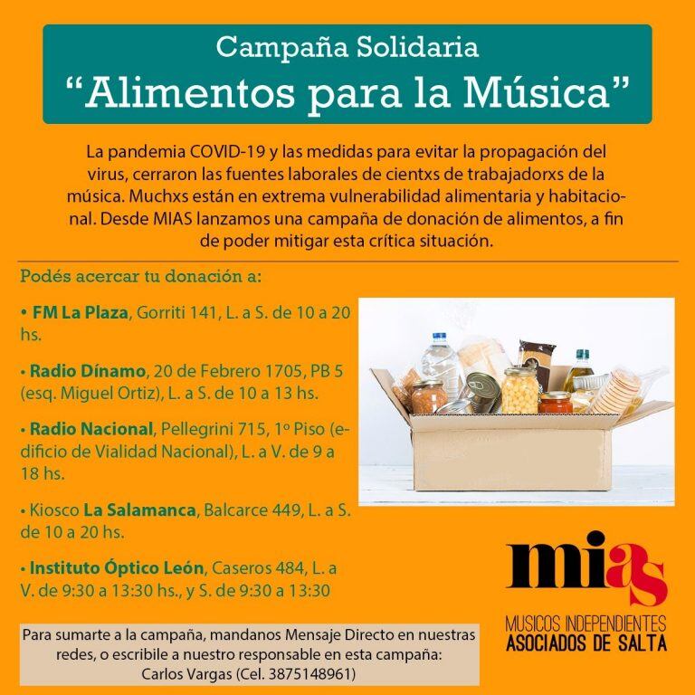 "Alimentos para la Música" acepta donaciones (Facebook MUSICOS INDEPENDIENTES ASOCIADOS DE SALTA (M.I.A.S.))