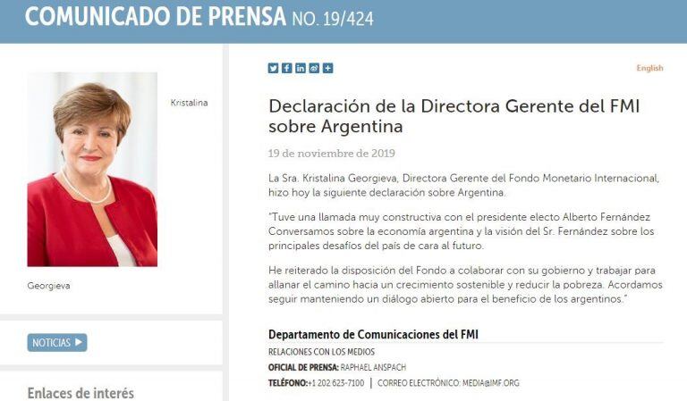 El comunicado oficial del FMI tras el diálogo que mantuvieron ambos líderes.