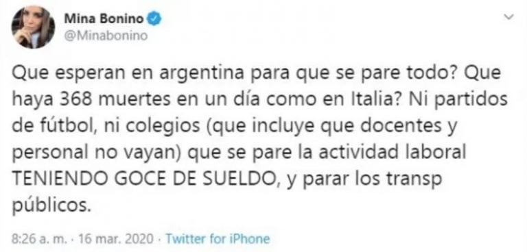 Mina Bonino pidió que se frenen las actividades en Argentina y la tildaron de "mantenida"