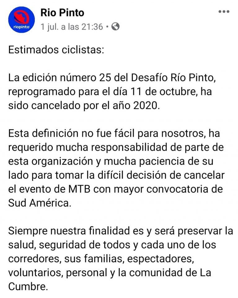 Comunicado de Río Pinto. (Foto: captura de pantalla / Facebook).