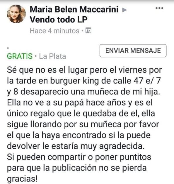 La conmovedora publicación  de una niña que perdió su muñeca.