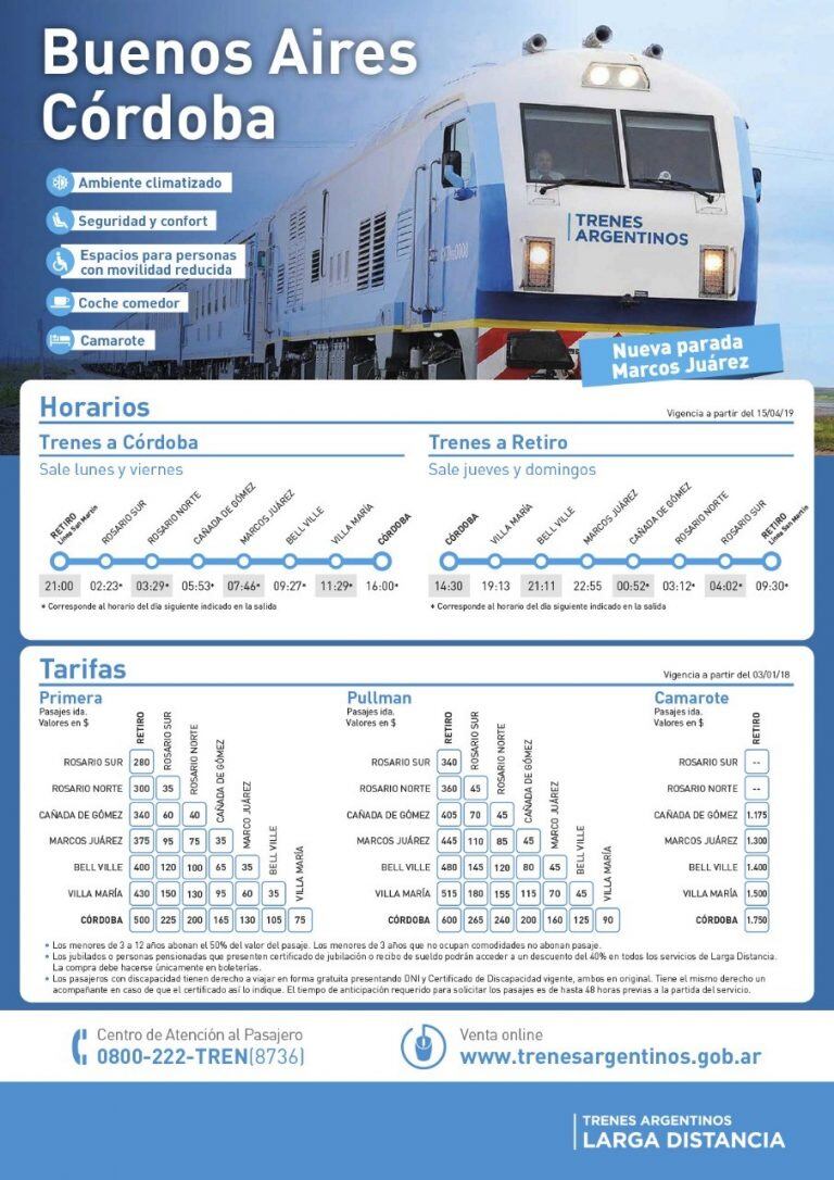 Horarios y precios del tren de pasajeros.