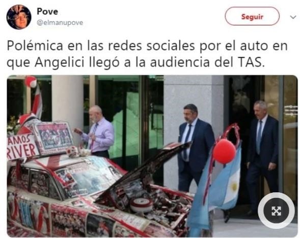 Memes Angelici llegó al TAS en un taxi con los colores de River. (Foto:Twitter)