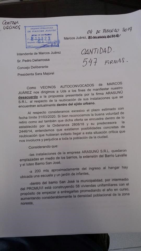 Carta entregada en la Municipalidad.