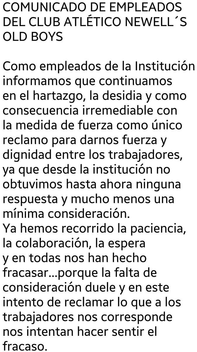 Comunicado de los empleados de Newell's por el atraso salarial