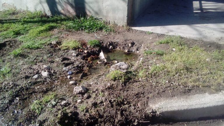 Salida constante de agua servida a la vía pública.