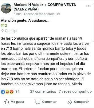 El mensaje que incitaba a saquear supermercados en Sáenz Peña. (Captura: Diario Chaco)