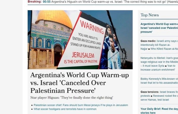 La disconformidad de Israel por la suspensión del amistoso ante Argentina, reflejada en los principales diarios.