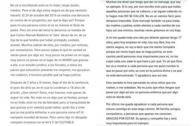 Comunicado de la hija de Baldomir tras la condena por abuso. (Instagram)