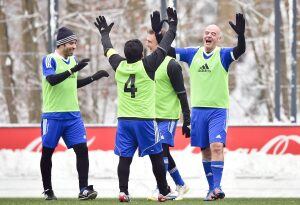 FIFA president Gianni Infantino (R) celebrates with Argentinian retired professional footballer Diego Armando Maradona (C) after scoring a goal during a FIFA Football Legends football game ahead of The Best FIFA Football Awards 2016 on January 9, 2017 at 