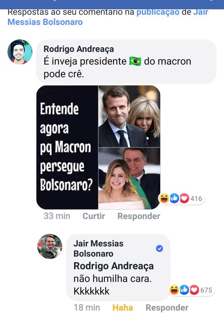 Jair Bolsonaro apoyó un comentario sexista contra Brigitte, la esposa de Emmanuel Macron. Crédito: Captura Facebook.