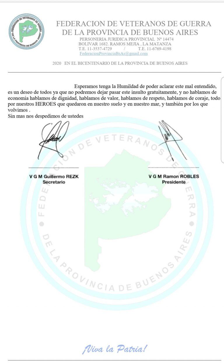 comunicado de Centro de Veteranos de Guerra de la Provincia de Bs As