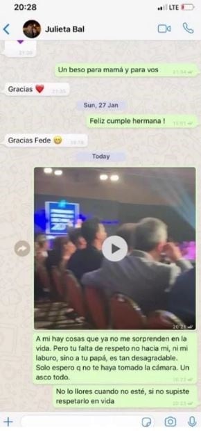 Los mensajes que Fede Bal le envió a su hermana Julieta luego de que ella abucheara a él y a sus padres en los premios Estrella de Mar.