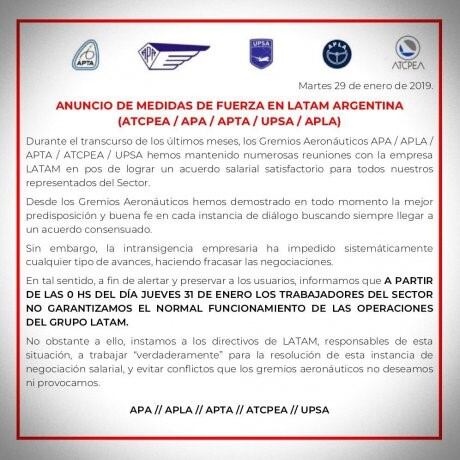 Comunicado emitido por los gremios aeronáuticos. (Web)