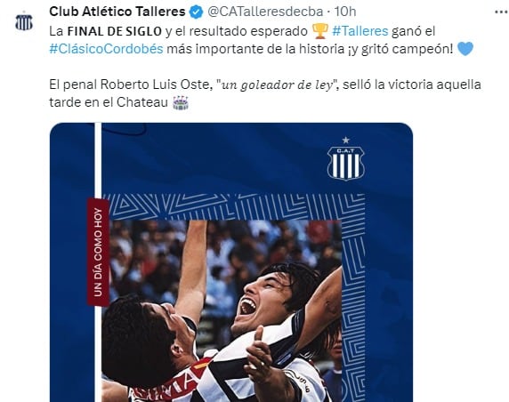 En sus redes oficiales de Talleres, en el pueblo Albiazul, se recordó el festejo de la final contra Belgrano.