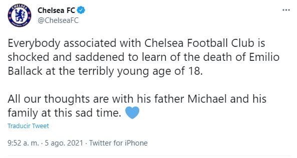 El mensaje de Chelsea tras la muerte del hijo de Michael Ballack.