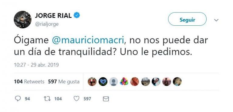 La publicación en Twitter de Jorge Rial