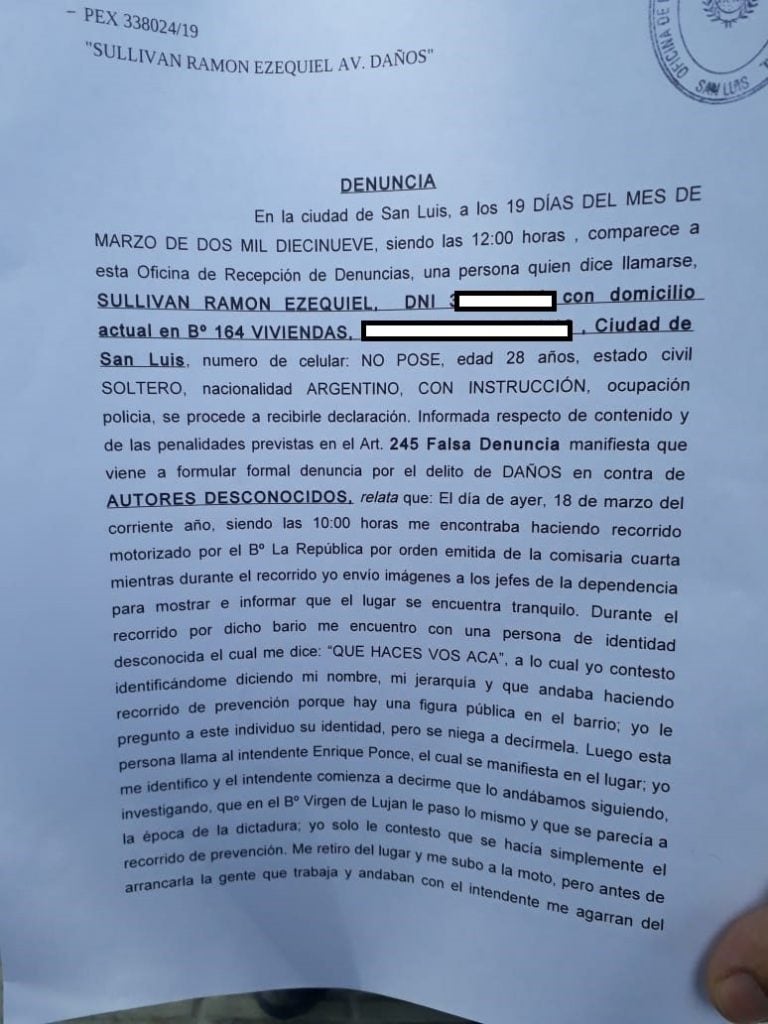 Denuncia de Ramón Ezequiel Sullivan.