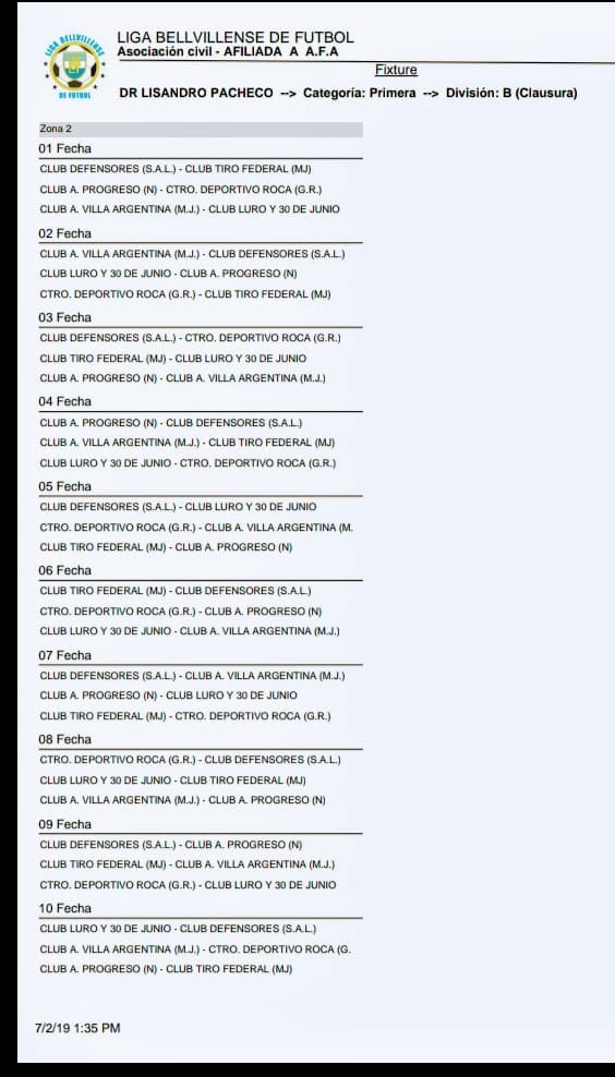 Fixture de la B zona seis equipos. Gentileza Marcelo Lovera.