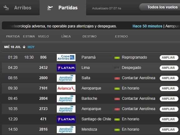 Cambios en partidas del Aeropuerto Internacional de Rosario el 18 de julio de 2018. (@air_rosario)